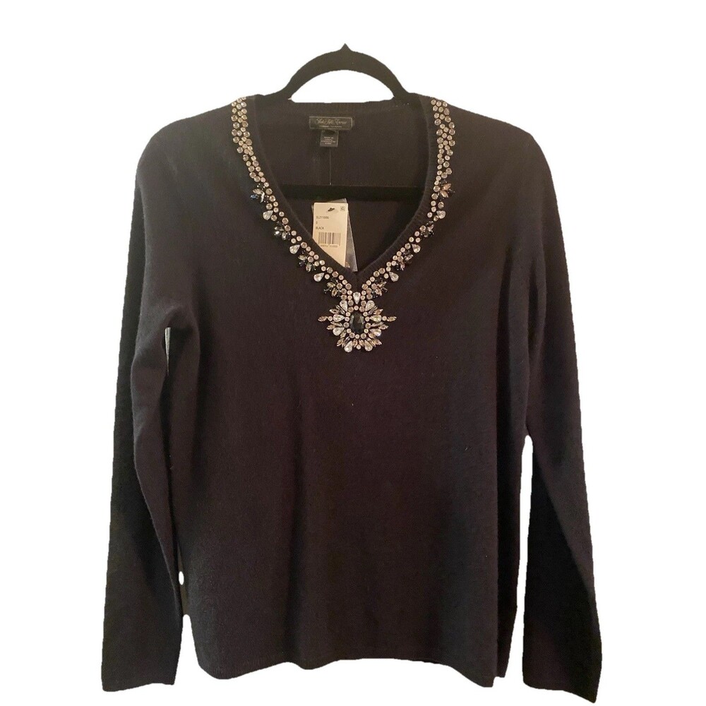NWT Saks Fifth Avenue 100% Cashmere rhinestone neck black Sweater Size Small